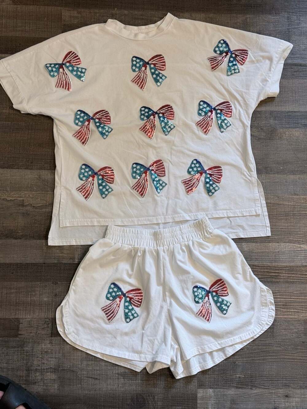 Patriotic Sequin Sparkle Bow Patch T-Shirt And Shorts Set Viscose Small